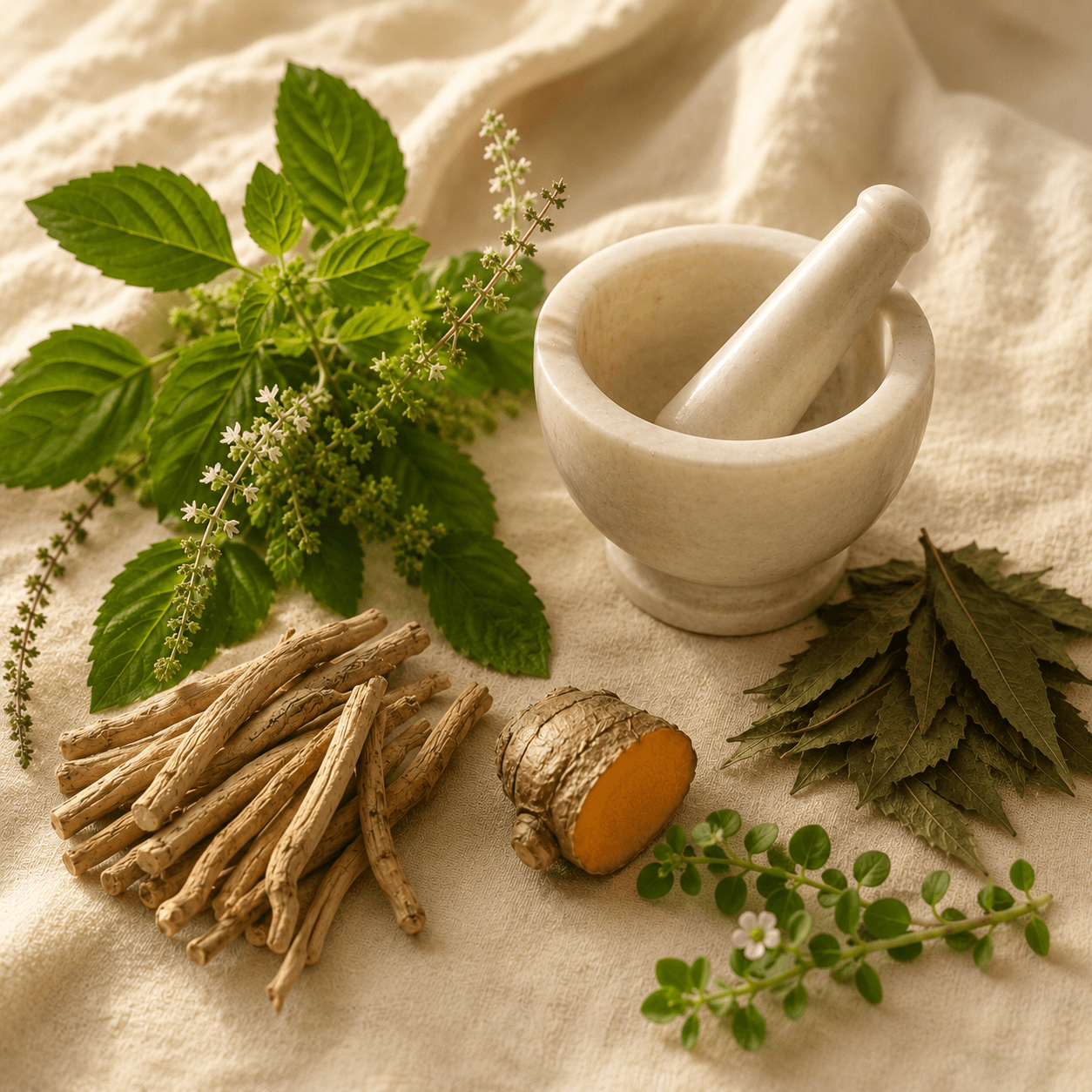 Fresh botanical herbs in a marble mortar and pestle — the traditional Ayurvedic way of extraction