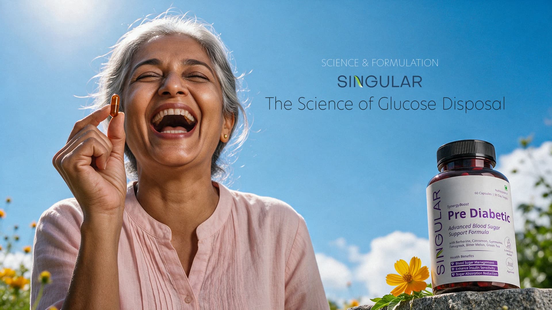 Smiling woman holding a Singular Pre Diabetic capsule beside the Singular Pre Diabetic bottle, with the title The Science of Glucose Disposal